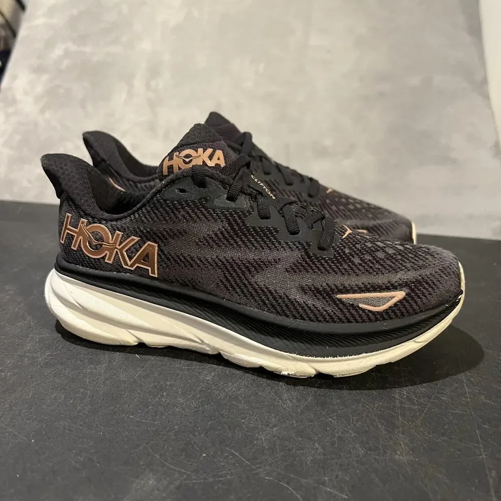 Hoka One One Clifton 9 Womens 6.5 Black Rose Gold Running Cushioned Sneakers